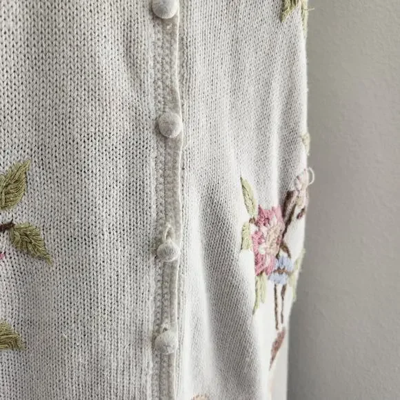Vintage Bottega Verde Floral Embroidered Knit Cardigan Natural Fiber L - Picture 6 of 15